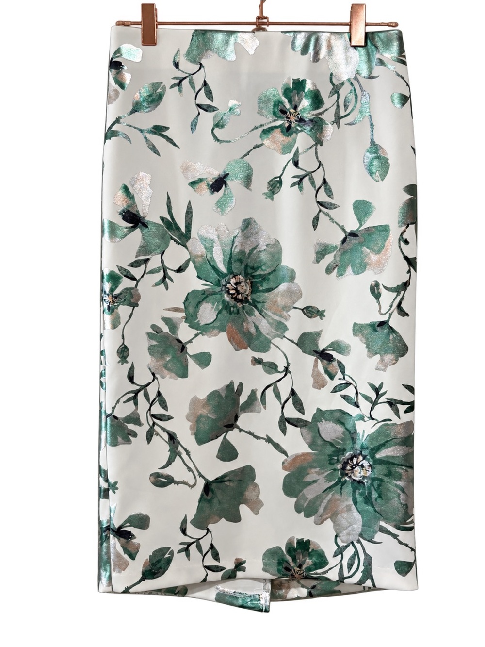ECI New York Metallic Floral Midi Pencil Skirt | Size Small